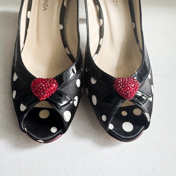 Ramon Tanza Black White Polka Dots Heart Detail PIn up Heels 9M - Picture 8 of 11